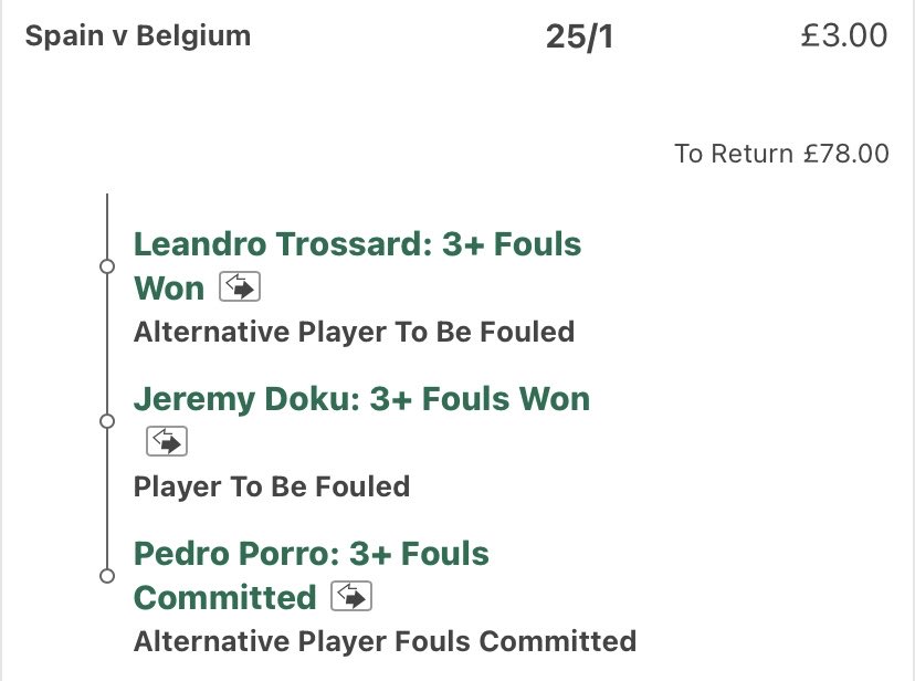 x3m1014's tweet photo. Spain vs Belgium Matchup Bet Builder

RW vs LB | Trossard vs Porro

Trossard Fouls Won (1.48 per 90)
0,3,3,1,2,1,1,1,0,2

Porro Fouls (1.12 per 90)
1,1,1,0,2,0,2,2,1,0,1

Doku Fouls Won (3.68 per 90)
4,1,5,4,4,4,4,4,1,2,1,2

trossard & porro direct matchup, was going to be just these 2 but odds dropped, regardless doku is doku so should be fine.