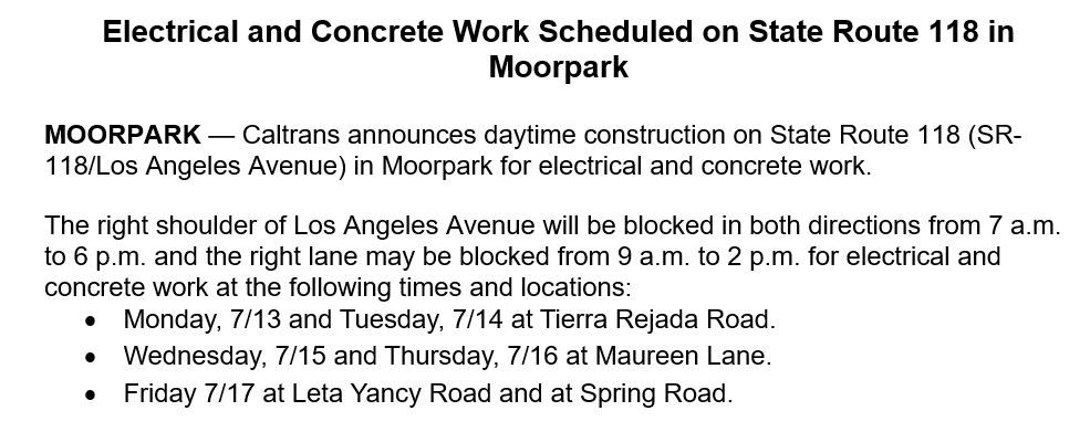 CaltransDist7's tweet photo. 🚧 LOS ANGELES AVENUE IN MOORPARK 🚧

Daytime lane closures scheduled on Los Angeles Avenue Monday 7/13 > Friday 7/17. Details👇

https://t.co/O37QesJ9zY https://t.co/iw136jY6eS