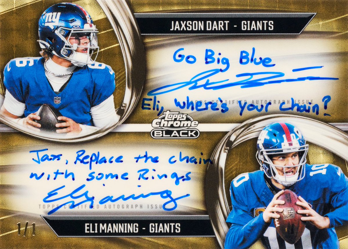 Topps's tweet photo. Eli Manning trolled Jaxson Dart on their 1-of-1 dual autograph trading card 💀

"Jax, replace the chain with some rings" 🤣 https://t.co/l0nwwwFDVA
