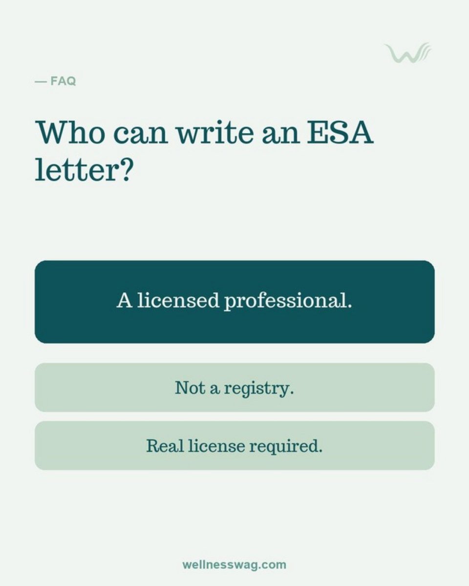 WellnessWag's tweet photo. A valid ESA letter comes from a licensed professional β not a 'registry' or instant-certificate site. Those can get you denied. π https://t.co/Y0fjn9b6M7 #ESALetter #RentersRights https://t.co/47nAmT95gv