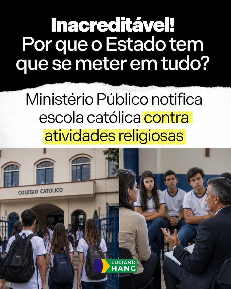vivahoje99's tweet photo. LIBERDADE: um direito que precisa ser preservado! 

Compartilho com vocês essa notícia de que o Ministério Público do Ceará notificou o Colégio Salesiano, em Juazeiro do Norte (CE), por realizar atividades religiosas.

Ora, seria uma grande surpresa se um colégio católico não realizasse atividades religiosas, não é mesmo? Os pais colocam seus filhos em uma escola assim justamente porque conhecem a doutrina, a disciplina, os valores, a fé e os bons costumes que fazem parte daquela instituição.

É óbvio que uma escola católica vai falar sobre religião. Isso faz parte da sua essência e, para muitas famílias, é exatamente esse o diferencial.

Agora, uma coisa é certa: o Estado não precisa se meter em tudo. É inaceitável e inacreditável ver esse tipo de situação. Em vez de perseguir escolas que ensinam valores e fé, deveriam incentivar quem trabalha pela formação de bons cidadãos.

Não podemos permitir que igrejas e escolas sejam perseguidas por fazerem o certo. E você, qual é a sua opinião? Me conte nos comentários!

Um abraço do Véio da Havan!

#LucianoHang #VéioDaHavan #Escola #Igreja #MinistérioPúblico
@forcaehonra1
@qrmKuCwkBmNDU5