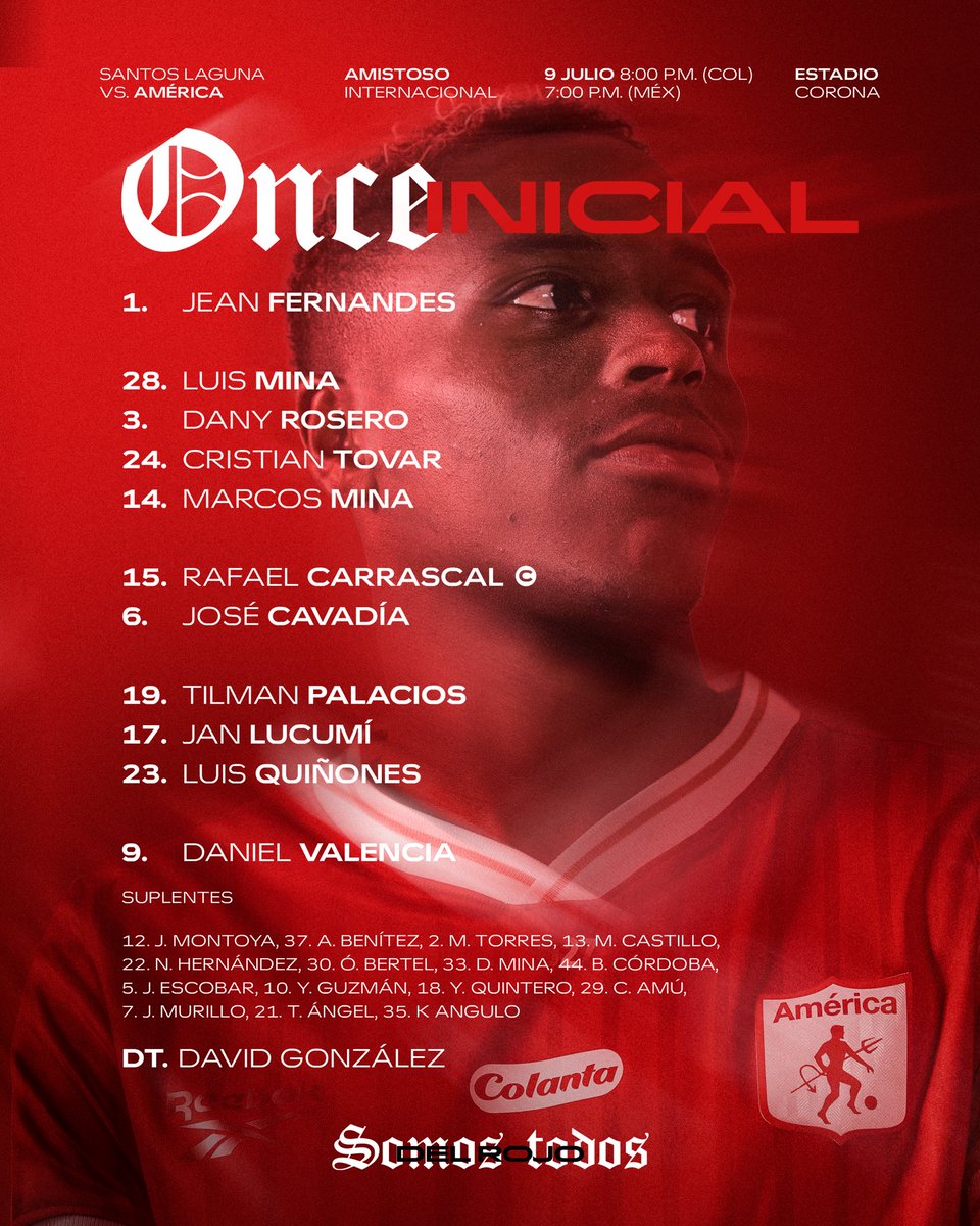 AmericadeCali's tweet photo. 📋 𝗫𝗜 𝗜𝗡𝗜𝗖𝗜𝗔𝗟 👹

Así saltará América al campo para enfrentar a Santos Laguna en este amistoso internacional. 🇦🇹🌎 https://t.co/qjd5IVNuCr