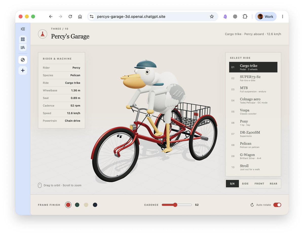 keyanzhang's tweet photo. 3D pelican riding a tricycle, plus a pelican riding a pelican, demoed by @edbayes 

https://t.co/vz7MwjyzdQ

fun fact: no one read or edited the code, and no assets were uploaded. this was built entirely by giving 5.6-sol high simple text instructions like “set a goal to render this as accurately as you can”, “add a g-wagon”, and “can you add another ride: a pelican riding a pelican?”