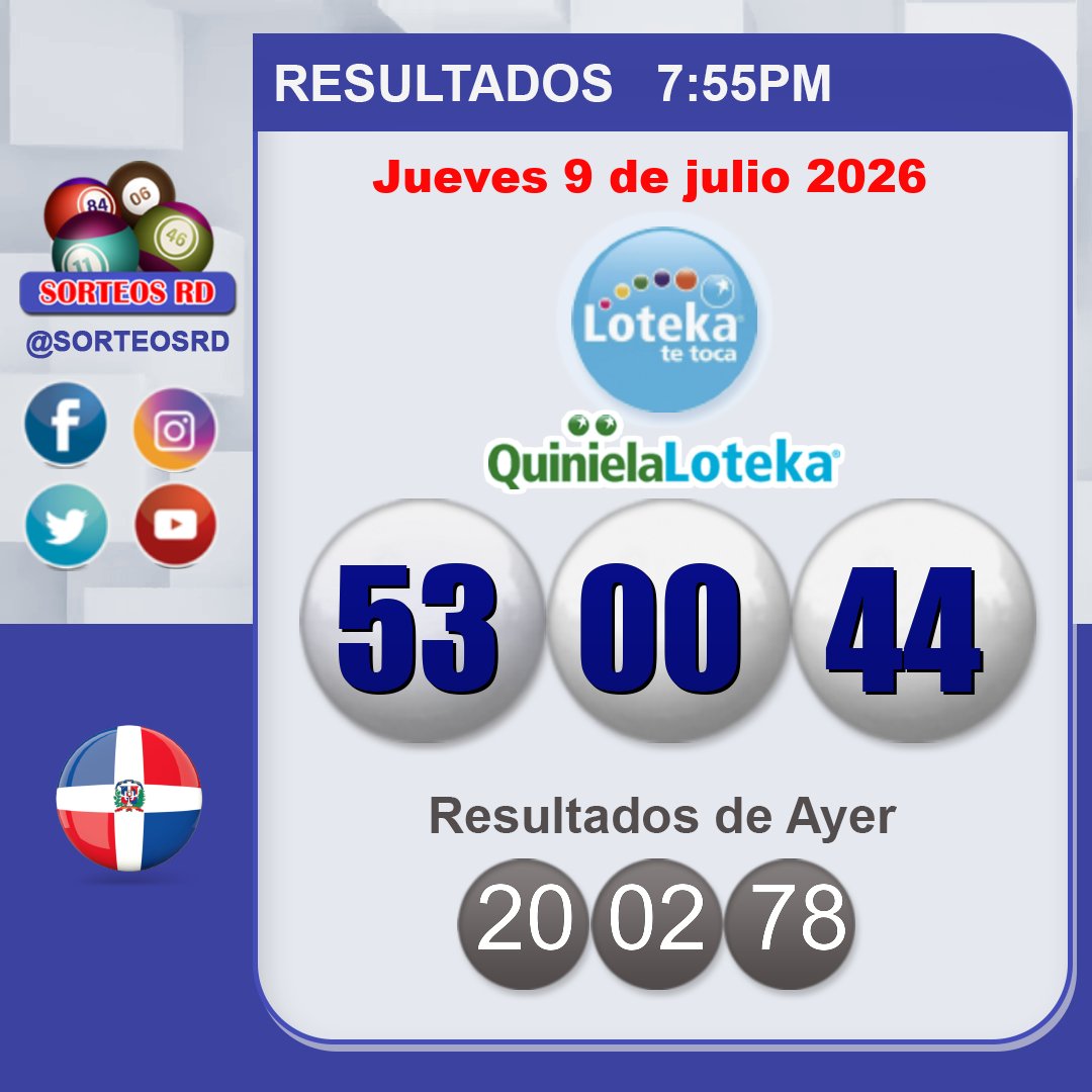 SorteosRD's tweet photo. Resultados Loteka🍀🎉
 🗓 Jueves 9 de julio 2026 ⏰ 7:55 P.M.
 #lotekard #sorteosrd #resultados

 Juega con responsabilidad. https://t.co/YC13rSOh7v