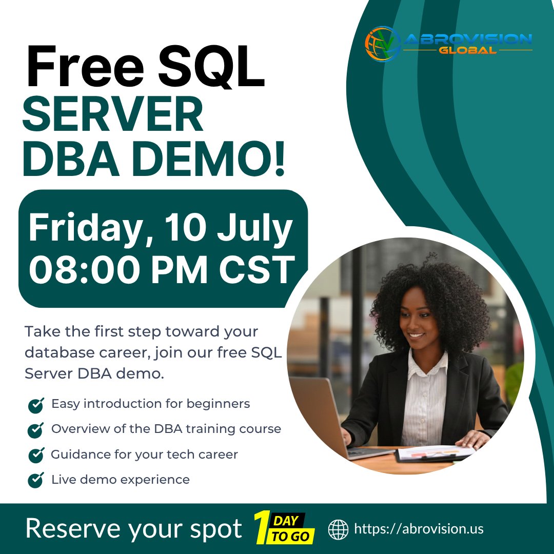 AbrovisionIT's tweet photo. π Free SQL Server DBA Demo
Join Abrovisionβs live demo and get introduced to SQL Server DBA training.
π
Friday, July 10
π 08:00 PM CST
β’ Beginner-friendly
β’ Course introduction
β’ Live demo session
π https://t.co/8CkiQAER4L
#SQLServer #DBA #Abrovision https://t.co/AlH2amECo0