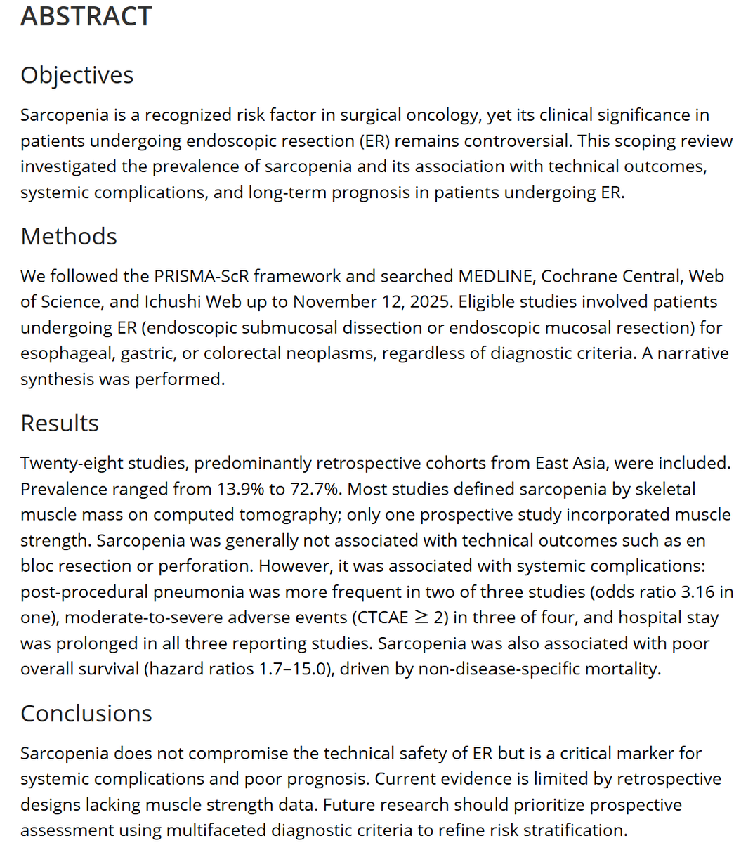 DigEndosc's tweet photo. REVIEW - Volume 38, Issue 6
Impact of Sarcopenia on Elderly Patients Undergoing Endoscopic Resection: Scoping Review
https://t.co/4y9GmFIYDE https://t.co/VQ0hZtgter