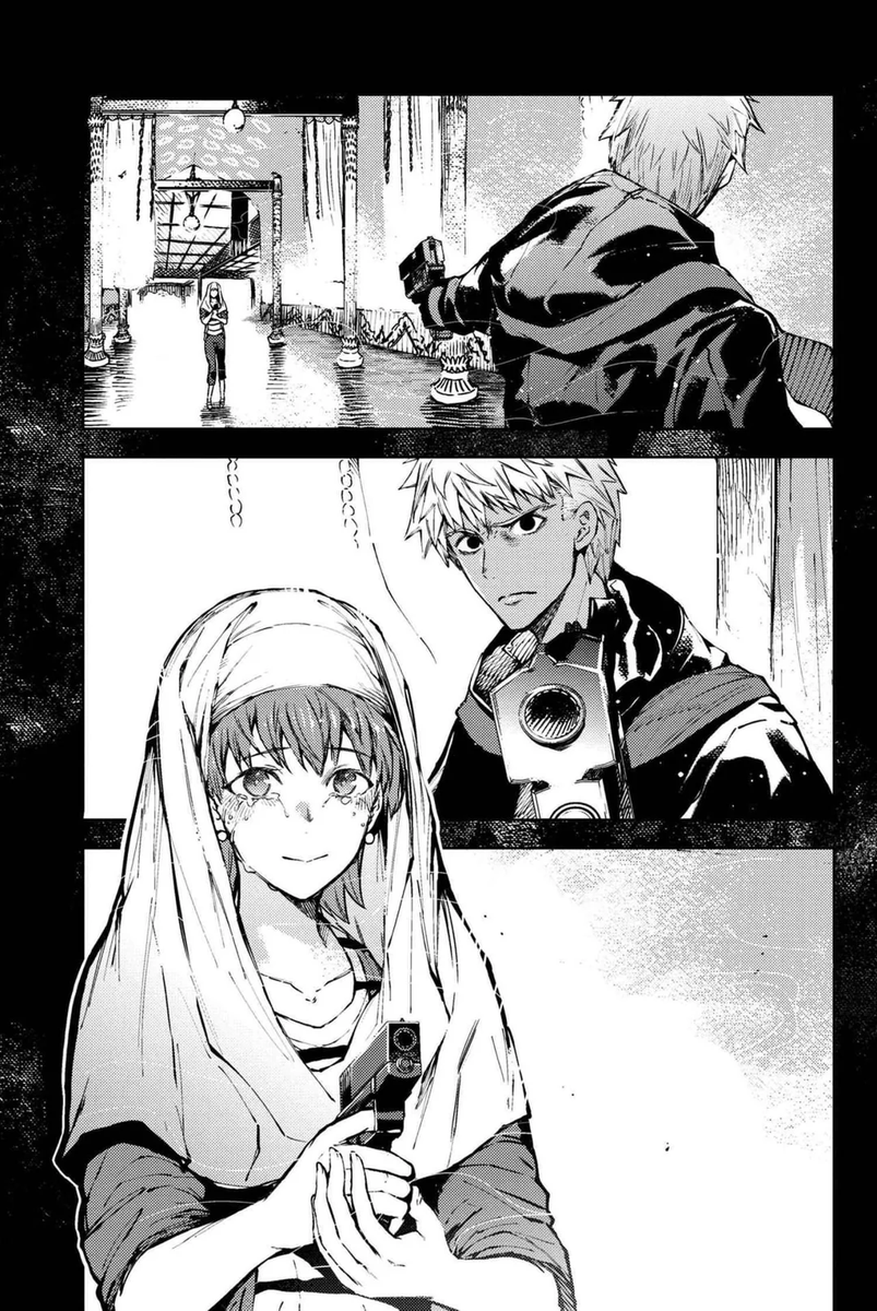 Tronodheroes's tweet photo. Emiya Alter proviene de un mundo alternativo desconocido.  Siendo un héroe justicia, fue a destruir el culto creado por Sesshōin Kiara, pero verse obligado a matar a Taiga lo destruyó por completo. Ese hecho mató todo rastro de justicia que quedaba en él.

Flashback manga SERAPH https://t.co/Pq5WqyVkoq