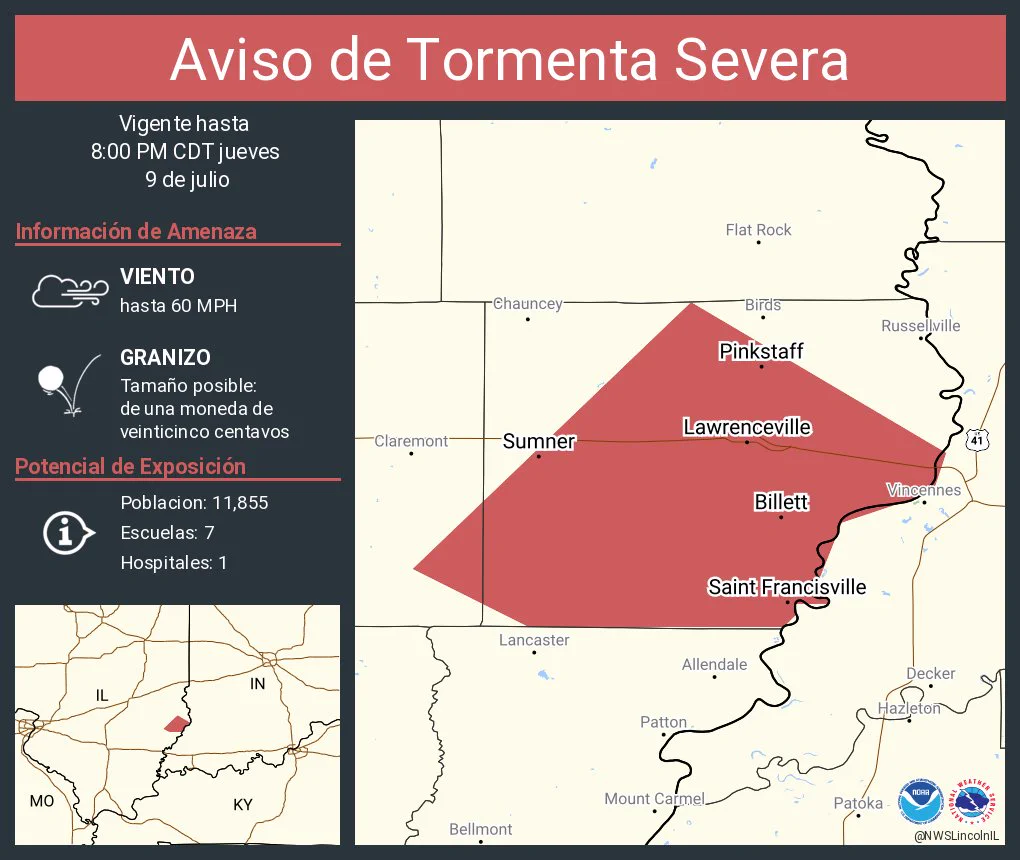 Este gráfico muestra la localización en el mapa de un aviso de tormenta severa. El aviso estará en efecto hasta las 8:00 PM CDT. El aviso incluye a Lawrenceville IL, Sumner IL, Bridgeport IL. El aviso incluye el condado de Lawrence en el sureste de Illinois y el este del condado de Richland en el sureste de Illinois. Las amenazas asociadas a este aviso son: ráfagas de viento de 60 MPH y granizo del tamaño de una moneda de veinticinco centavos. Hay 11,855 personas bajo este aviso incluyendo 7 escuelas y 1 hospital.
