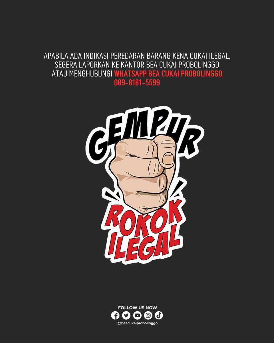 bc_probolinggo's tweet photo. Apabila ada indikasi peredaran Barang Kena Cukai ilegal, segera laporkan ke Kantor Bea Cukai Probolinggo ya Sobat Bango
atau bisa menghubungi Whatsapp Bea Cukai Probolinggo di 089-8181-5599

#GempurRokokIlegal
#AntiKorupsi #AntiGratifikasi
#BeaCukaiMakinBaik
#KemenkeuTepercaya https://t.co/kKybhzohTl