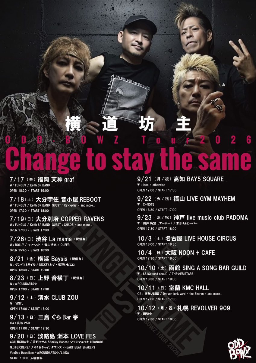 KOTONIAlfonsina's tweet photo. 横道坊主
★NEW MINI ALBUM★
「Change to stay the same」

本日より北海道畠山ボクシングジムにて、店頭販売開始致します☆

10月に北海道ツアーも決定しました☆

以下、店主レビュー↓

僕の幼少期から、僕の人生と共に在る、

数少ないロックバンド、横道坊主。

自慢ではないが、横道坊主のライブに初めて参戦したのは小学6年生の時だった。

初めてライブハウスで出待ちをし、メンバーと記念撮影してもらった写真は今でも宝物だ。

奇しくもその写真に写っているのは、

今は亡き橋本潤氏と、今年の5月に訃報を聞いたロジャー高橋氏だ。

2024年に結成40周年を迎えた横道坊主。

40年以上、変わらずに変わり続けてきた現在がある。

新作「Change to stay the same」。

近年の横道坊主のスタンスを、これでもかと突きつけられる。

切なく、優しく、背中を押してくれる。

過去を思い起こし、留まる時間も大切だ。

それを否定しても、肯定しても、在るのは今だ。

良くも悪くも、全てを抱えて行く(生きる)しかない。

そんなことは、分かりきったことかもしれないが、

人は皆、路頭に迷う。

それでもね、やっぱり…。

いつか終わりが来るまで、

一緒に歩こうぜ。

泥水分け合って、

一緒に歩こうぜ。

そんなメッセージを、そんなメロディを、

僕の耳と心で、受け取った気がする。

畠山 昌人