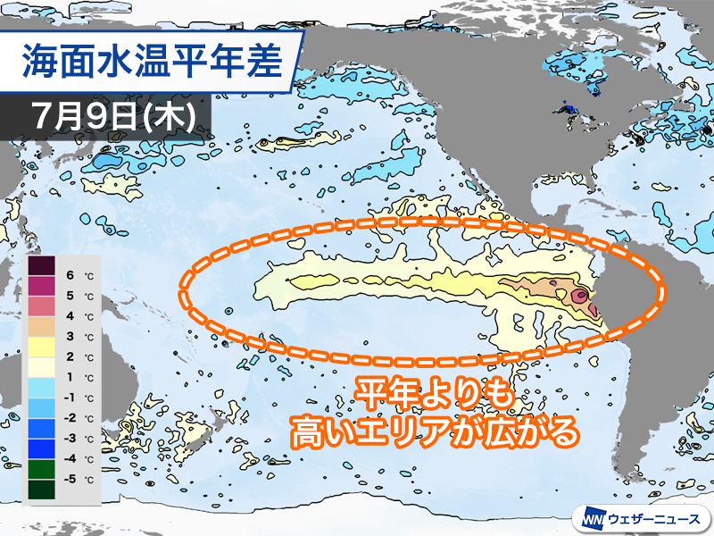wni_jp's tweet photo. ＜秋にかけ顕著なエルニーニョ現象に＞
気象庁は7月10日(金)にエルニーニョ監視速報を発表しました。
秋にかけてエルニーニョ現象が続く確率は100%で、基準値との偏差が＋4.0℃に近づく可能性があり、過去最大を更新する可能性があります。
https://t.co/hjvdNjciVz https://t.co/K2ShJO7bmI