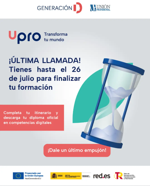 cogiti's tweet photo. 📢 Upro continúa hasta el 26 de julio.

🎓 Si ya has comenzado la formación, aprovecha este tiempo para completar tu itinerario y obtener tu certificado.

💪 ¡No lo dejes para el final!

#Upro #Formación #CompetenciasDigitales https://t.co/igDsCH8lXc