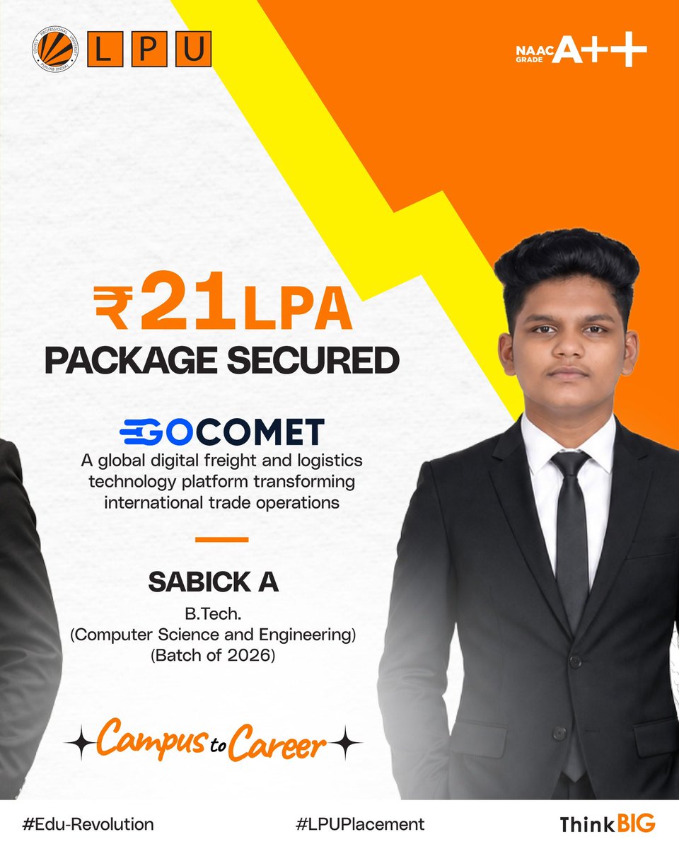lpuuniversity's tweet photo. Congratulations to LPU https://t.co/NSW7HXoZeL. CSE (Batch of 2026) students Bhuneshvar, Ronit Sharma &amp; Sabick A on securing ₹21 Lakh per Annum packages with GoComet, a global digital freight and logistics technology platform!
Admissions Open 2026; #ApplyNow https://t.co/SJi8dPeFbS