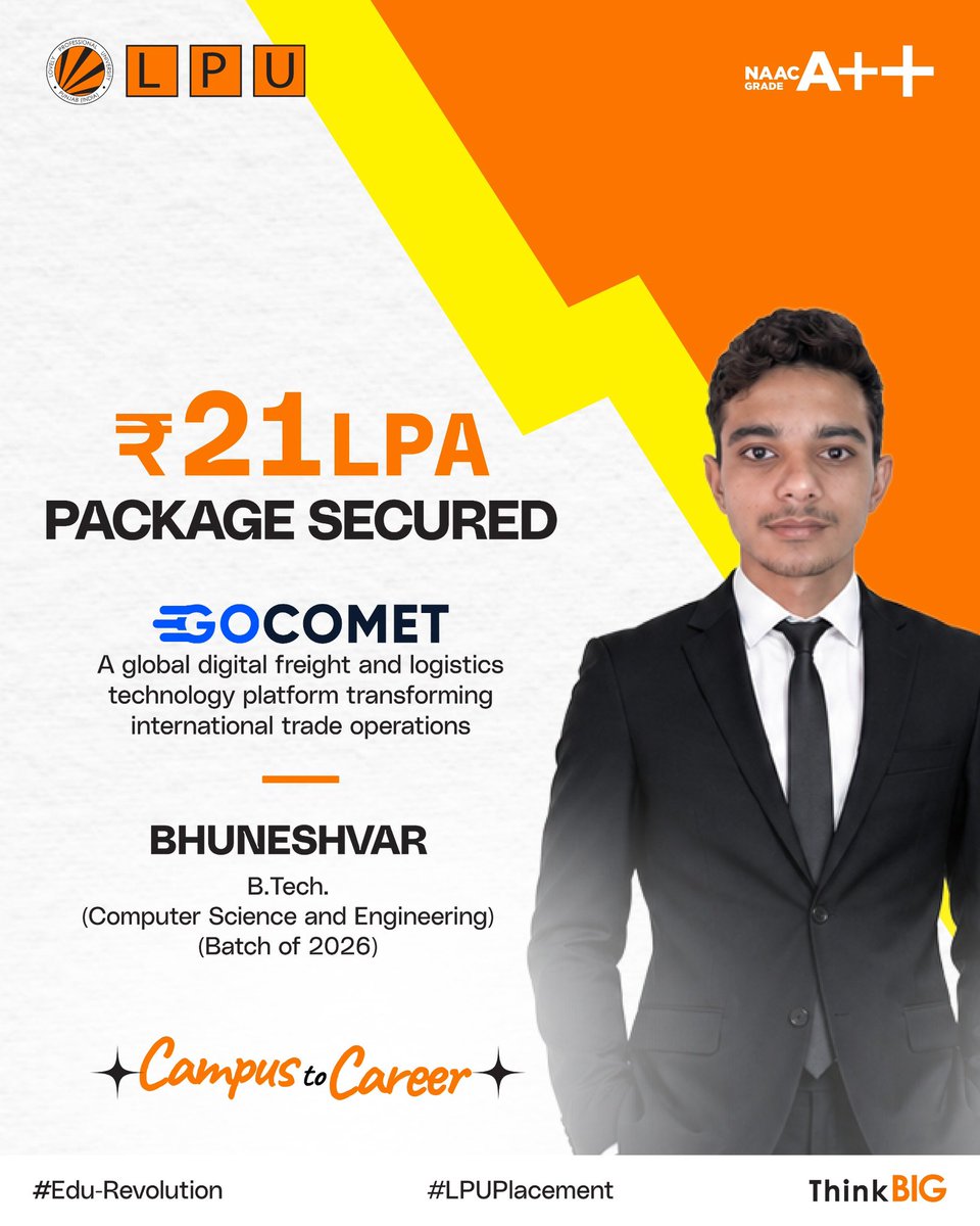 lpuuniversity's tweet photo. Congratulations to LPU https://t.co/NSW7HXoZeL. CSE (Batch of 2026) students Bhuneshvar, Ronit Sharma &amp; Sabick A on securing ₹21 Lakh per Annum packages with GoComet, a global digital freight and logistics technology platform!
Admissions Open 2026; #ApplyNow https://t.co/SJi8dPeFbS
