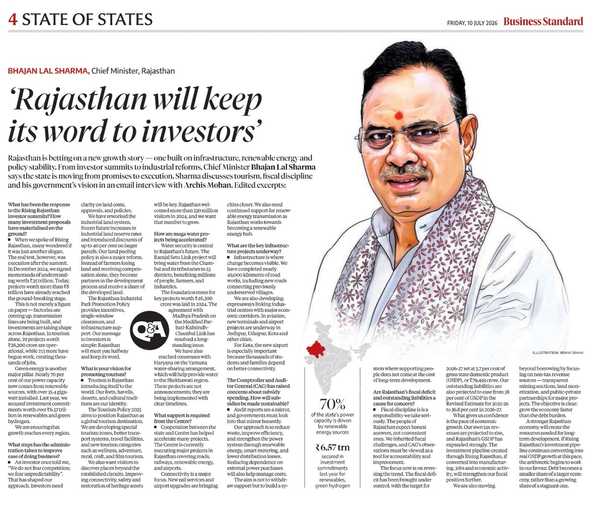 BhajanlalBjp's tweet photo. Rajasthan's growth journey is driven by decisive governance, policy stability and a steadfast commitment to execution. In my interaction with Business Standard, I shared our vision of making Rajasthan a leading destination for investment, infrastructure, renewable energy, tourism and sustainable development - while ensuring that every promise is translates into meaningful progress for our people.

Read the full interview to know how Rajasthan is turning vision into action.