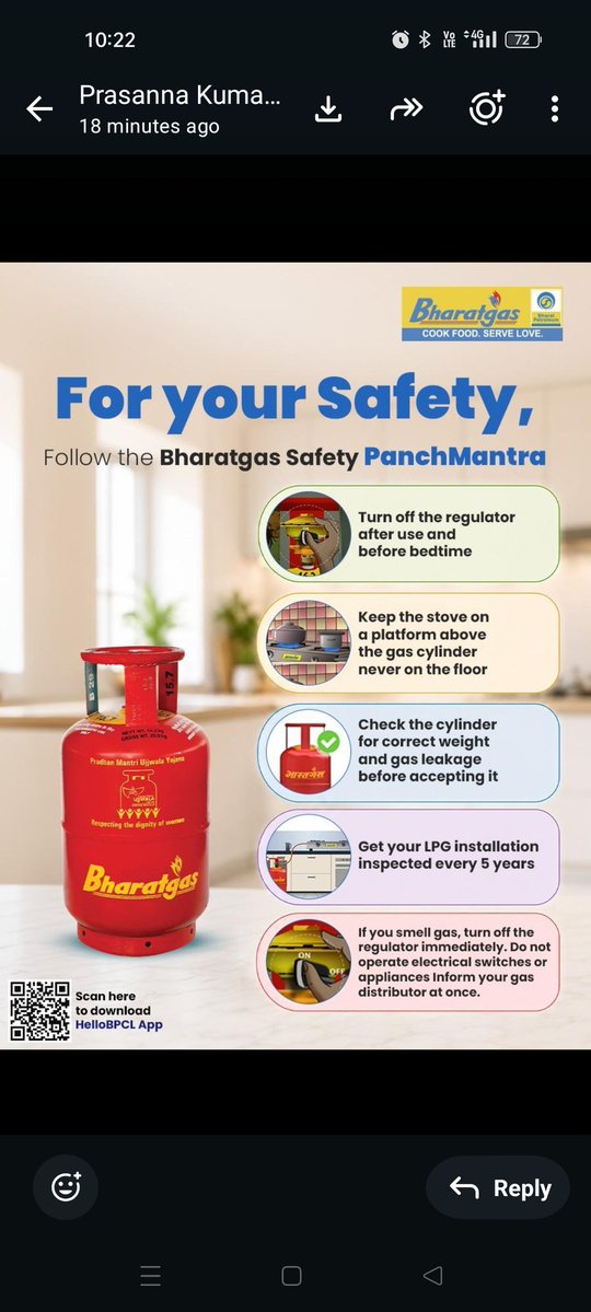 BPCLROORKE's tweet photo. A safe home begins with safe LPG practices. Follow the Bharatgas Safety #PanchMantra. Simple safety habits make your kitchen safer. Stay Safe. Stay Alert.

@BPCLimited @BPCLLPG @PetroleumMin @HardeepSPuri @Secretary_MoPNG
#Bharatgas #LPGSafety https://t.co/NJsDETmTEd