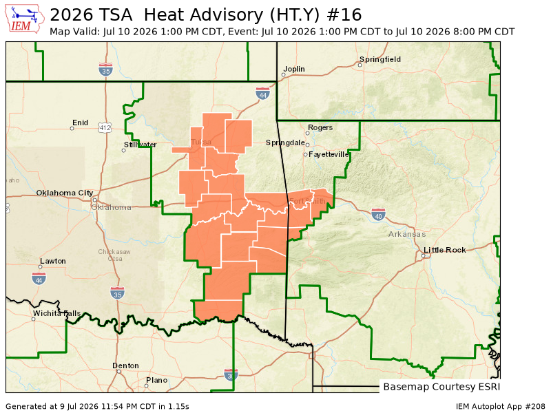 225AlertsAR's tweet photo. TSA issues Heat Advisory valid at Jul 10, 1:00 PM CDT till Jul 10, 8:00 PM CDT https://t.co/eFhF6XBsCN https://t.co/ZOAanSDypY