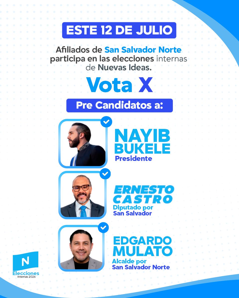 EdgardoMulatoSV's tweet photo. Estoy seguro de que los afiliados de nuestro gran partido, @nuevasideas, ratificaremos con nuestro respaldo al Presidente de la República, @nayibbukele, y al Presidente de la Asamblea Legislativa, @ECastroES.

Con mucha humildad, también les pido su confianza y su apoyo para este servidor, para que juntos trabajemos por el desarrollo de nuestro querido municipio de San Salvador Norte. ¡Lo mejor está por venir!