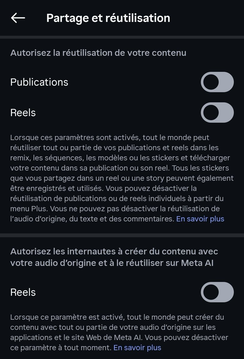 _SaxX_'s tweet photo. 🚨🔴 [URGENT] Instagram franchit un nouveau cap... et déploie une nouvelle fonctionnalité "Muse AI", qui permet aux utilisateurs de créer des images IA basées sur vos photos !

Je vous laisse imaginer toutes les dérives dégueulasses à venir... les nombreuses femmes qui seront dénudées... des enfants... 🤮🤮🤮

Pour info, ça concerne tous les comptes publics !  

Muse Image va permet à n'importe qui qui vous mentionne dans Meta AI de générer des images en utilisant votre visage, vos photos... 

Bien entendu c'est en "opt-in" par défaut ! 🤬🤬🤬

Les entreprises se nourissent de nos données et l'IA accélère dramatiquement ce pillage numérique de nos données ! 

Aussi, pour vous y opposer :
>Sur votre profil, puis menu et cliquez sur ☰
>Rendez-vous dans la section "Moyens d'interagir avec vous"
>Cliquez sur "Partage et réutilisation"
>Dans "Autoriser la réutilisation de votre contenu" et "Autoriser les internautes à créer du contenu avec votre audio d'origine et et à le réutiliser sur Meta AI" 
>Désactivez les 3 !

L'idéal serait d'avoir un compte en privé...

Je suis de plus en plus inquiet pour les nos vies privées numériques...

Cybèrement vôtre,

SaxX ¯\_(ツ)_/¯
