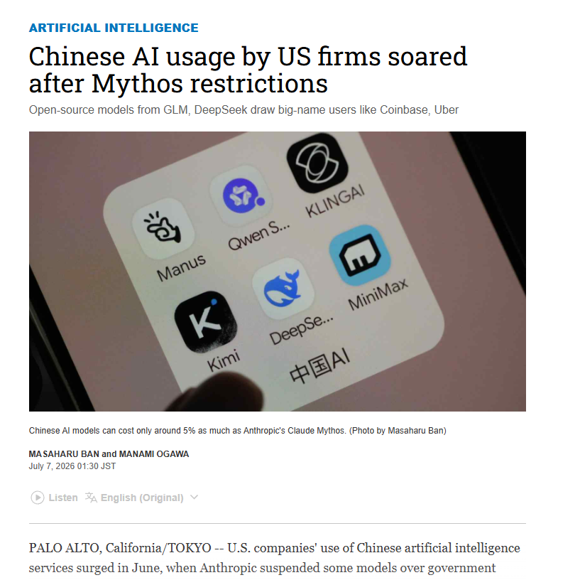 AiWithBDN's tweet photo. One of the most underreported shifts happening in AI right now: U.S. companies are adopting Chinese AI models at a staggering rate 📊

Data from OpenRouter, the platform that lets you switch between every major model, tells the story:
Token usage from Chinese AI models by U.S. businesses crossed 30% in February and peaked at 46%. That's up from just ~4% in the first half of 2025.

The math is impossible to ignore:
Anthropic's Claude Opus 4.7 costs $25 per 1 million tokens.
DeepSeek V4 Flash, the most popular Chinese model, costs $0.18.
That's less than 1% of the cost.

U.S. AI startup Lindy already made the switch, moving their email and meeting note generation service from Anthropic to DeepSeek. Their CEO said performance is identical and they'll save millions of dollars in just months.

There's a second factor driving this too: U.S. export controls. When Anthropic was ordered to restrict overseas access to Mythos and Fable in June, it created a market consensus that you can't guarantee long-term stable access to U.S. AI models.

Chinese AI models are mostly open-source, downloadable to your own servers — the sudden cut-off risk is minimal.

It's the classic enterprise tradeoff: massive cost savings on one side, geopolitical risk on the other. And right now, for more and more companies, the math is winning.
Source: Nikkei
#AI #OpenRouter #DeepSeek