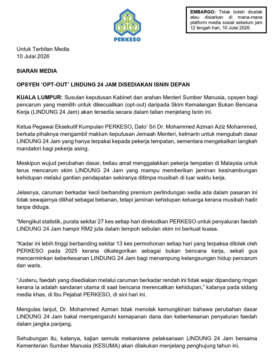 PERKESOofficial's tweet photo. SIARAN MEDIA : LINDUNG 24 Jam kini menyediakan pilihan ‘opt-out’ bermula Isnin depan.

Hak untuk memilih kini di tangan pencarum namun sebelum membuat keputusan, fahami dahulu apa yang mungkin anda lepaskan. https://t.co/gf0B91sAqC