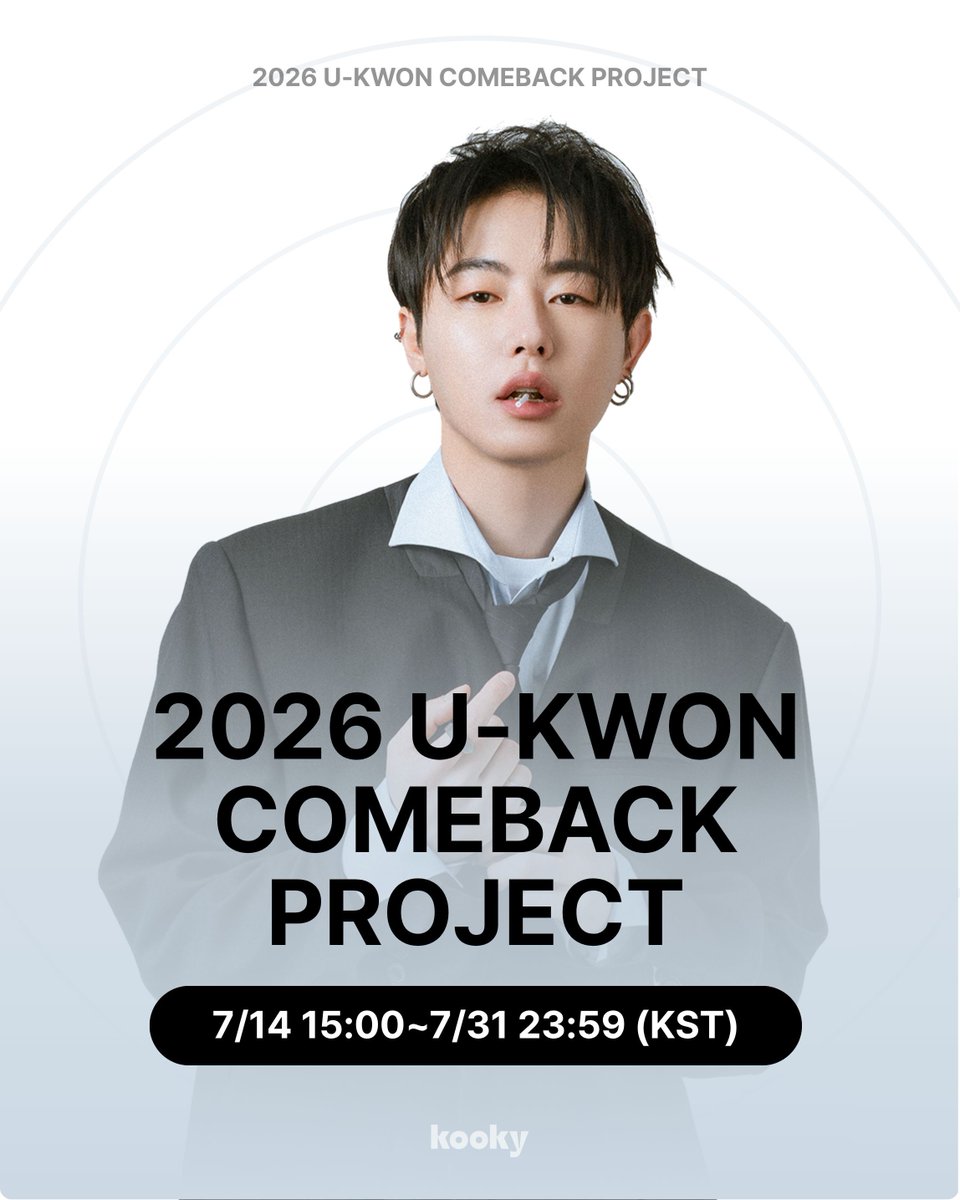 kooky__official's tweet photo. 💿 2026 U-KWON COMEBACK PROJECT
🔗 https://t.co/K1SQuHjt7n 

팬 여러분과 함께 만들어가는 특별한 여정,
2026 U-KWON COMEBACK PROJECT가 곧 시작됩니다!

U-KWON의 새로운 앨범을 위해, 여러분의 목소리를 가장 가까이에서 듣고 앨범의 제작 과정을 함께 채워가고자 하는데요 👀
이번 프로젝트에 참여하고 타이틀곡 투표까지, U-KWON의 다음 앨범을 직접 결정해 주세요! 🗳️

2026.7.14 (TUE) 
2026 U-KWON COMEBACK PROJECT 정식 오픈!

🪽 여러분의 응원으로 만들어질 이번 컴백,
U-KWON의 새로운 챕터를 향한 비상에 함께해 주세요 💫

👆 자세한 내용과 리워드는 위 링크에서 지금 바로 확인해 보세요!

#UKWON #유권 #UKWONxKooky #UKWON_COMEBACKPROJECT