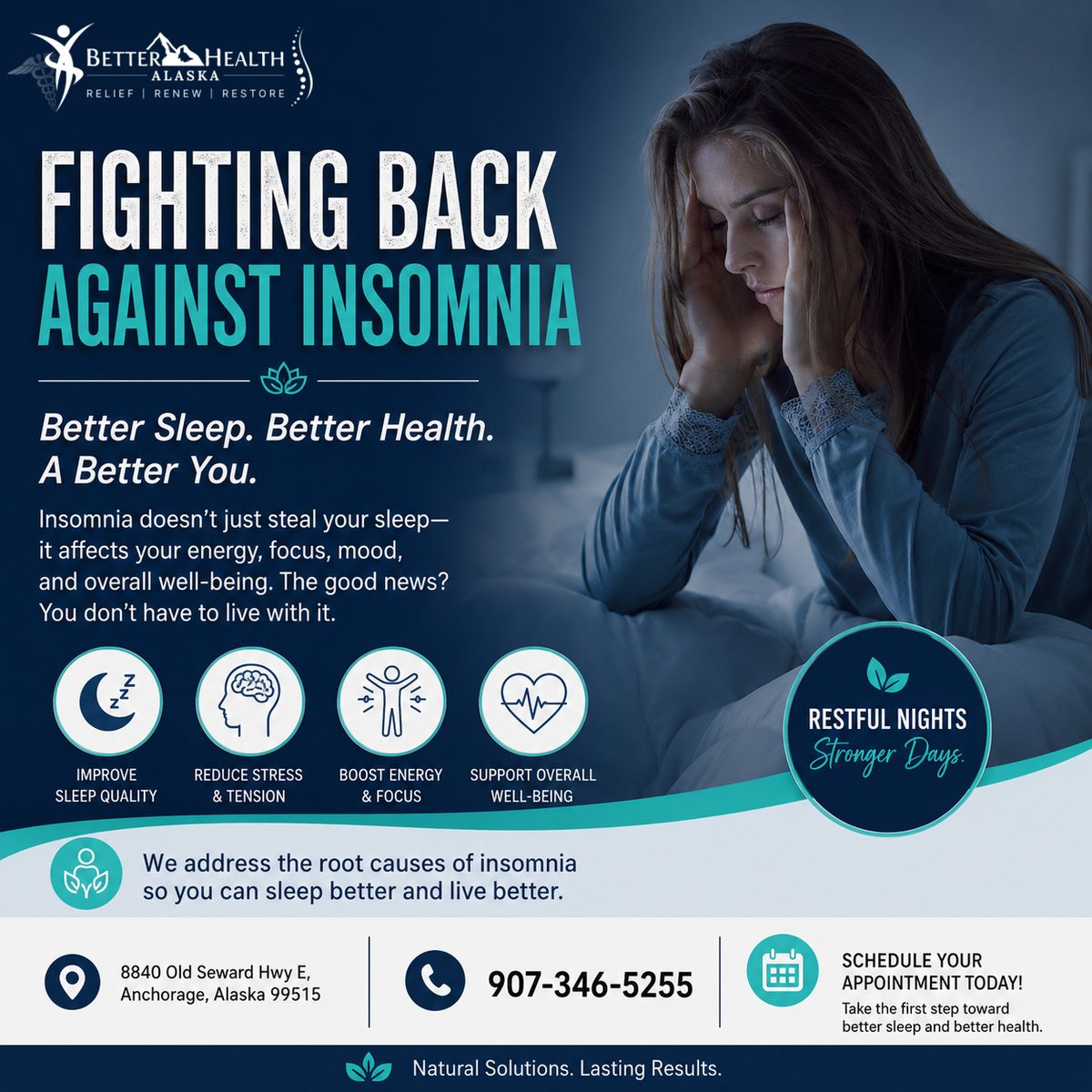 BetterHealthAK's tweet photo. Insomnia can do more than leave you feeling exhausted—it can affect your mood, focus, energy, and overall quality of life. The good news is that better sleep is possible.

At Better Health Alaska, we focus on identifying and addressing the underlying causes of sleep problems https://t.co/bZgFWDb8r8