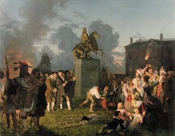 Vivanirl's tweet photo. Today in history, July 9, 1776 A copy of the Declaration of Independence reached General George Washington at his headquarters on Number One Broadway in New York City. At 6 pm he ordered troops to assemble on the Common, now known as City Hall Park. There, the Declaration was read aloud to soldiers and citizens. Washington noted in his orders that he hoped the news would inspire every officer and soldier to fight with courage knowing the peace and safety of the country depended on the success of their arms. That night, patriots marched to Bowling Green and pulled down the bronze and lead statue of King George III. There was a cast-iron fence surrounding Bowling Green, specifically to protect the statue, but on the night of July 9, 1776, the crowd damaged its decorative finials (which resembled crowns) while toppling the statue. The fence still encircles the park today and is recognized as New York City’s oldest fence. The colonists destroyed the symbol of royal power and later melted much of its lead into musket balls for the Continental Army.​​​​​​​​​​​​​​​​​​​​​​​​​​​​​​​​​​​​​​​​​​​​​​​​​​ Based