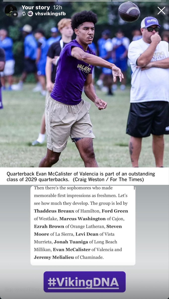 EvanMcCalister's tweet photo. It’s a blessing to be mentioned with some of these great 2029 Quarterbacks in the @latimessports Thank you @CraigWeston1 and @latsondheimer @VHSVikingsFB @brinn_34 @adamgorney @PrepRedzoneCA @QBHitList @ejmuhammad4 @CrisSolano_DCQB @CoachTMcCormick @Rivals @BrandonHuffman https://t.co/4fkoDrR27O