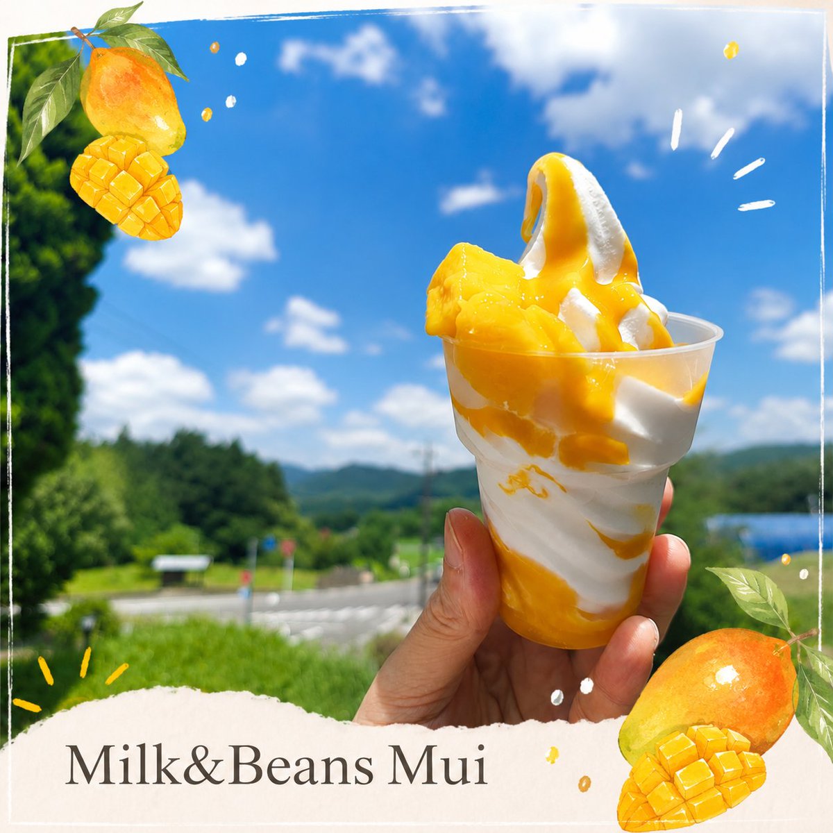 milk_beans_mui's tweet photo. 夏空と、マンゴー。🥭☀️

子ども達の川遊びやプールも始まり、本格的な夏がやってきました🌴
青空が広がる日は、
つい食べたくなる夏のごほうび。

なめらかなソフトクリームに、
トロピカルな甘く香るマンゴーソースと果肉をたっぷり添えました。

牧場の牛乳だからこそ味わえる、
やさしいミルクの風味とマンゴーの爽やかな甘み。

暑い日こそ、
ゆっくり景色を眺めながらお楽しみください😊

皆さまのご来店をお待ちしております。