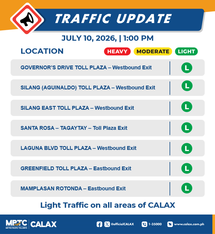 OfficialCALAX's tweet photo. July 10,2026 | 1:00 PM
Incase of Emergencies and Assistance 
Dial 24/7 Hotline 1-35000 
Check your BLOWBAGETS 
Drive safe Ka-Drayberks! https://t.co/TWVkrxIF3k