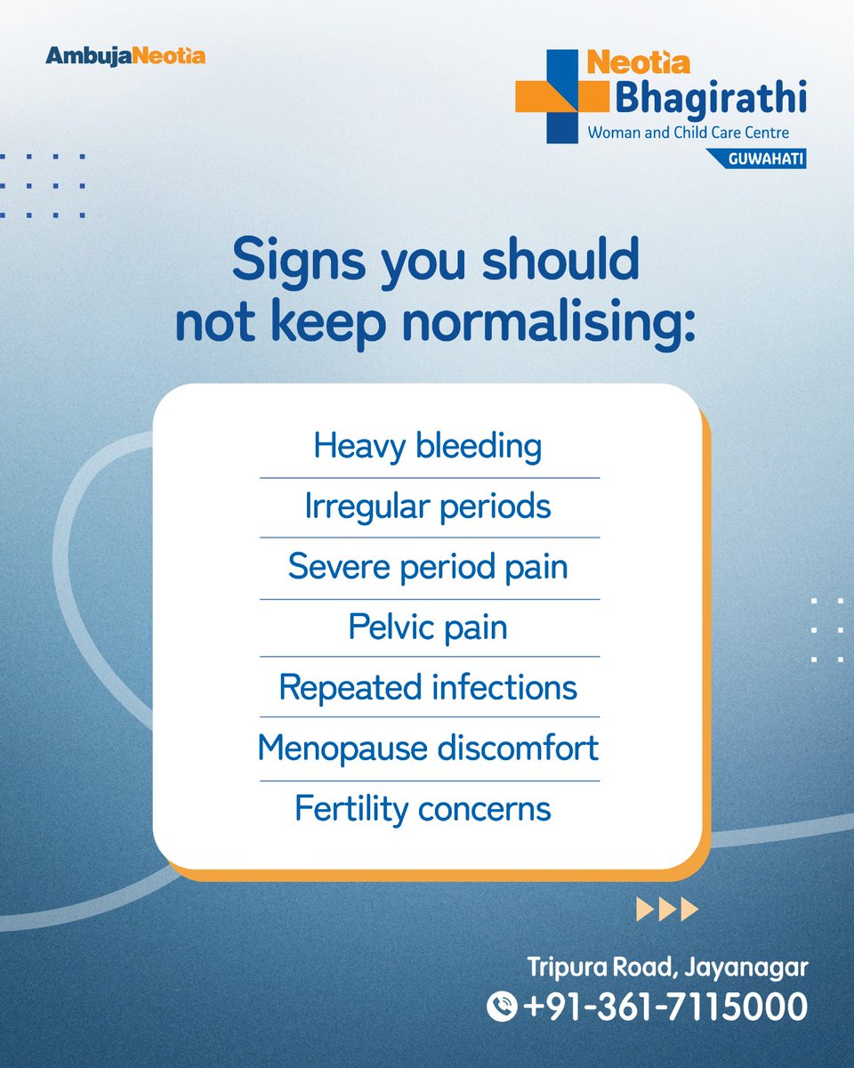 BNWCCC's tweet photo. Don't ignore heavy bleeding, irregular periods, severe cramps, pelvic pain or fertility concerns.
Expert Obstetrics & Gynaecology care at Neotia Bhagirathi Woman and Child Care Centre, Guwahati.
#NeotiaBhagirathi #WomensHealth #Gynaecology #Guwahati https://t.co/w9MH8CMS7S