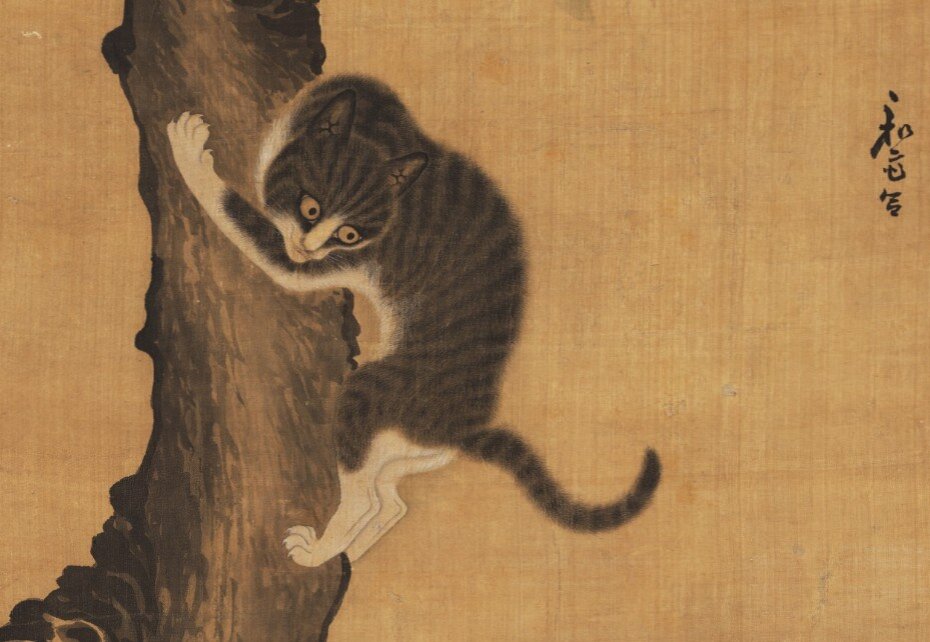 archaeologyart's tweet photo. An 18th-century Korean ink-and-color silk painting by Pyeon Sangbyeok depicting a pair of cats--one climbing a gnarled tree toward a flock of sparrows on the branches above-housed in the National Museum of Korea. https://t.co/32t1Pd07JZ
