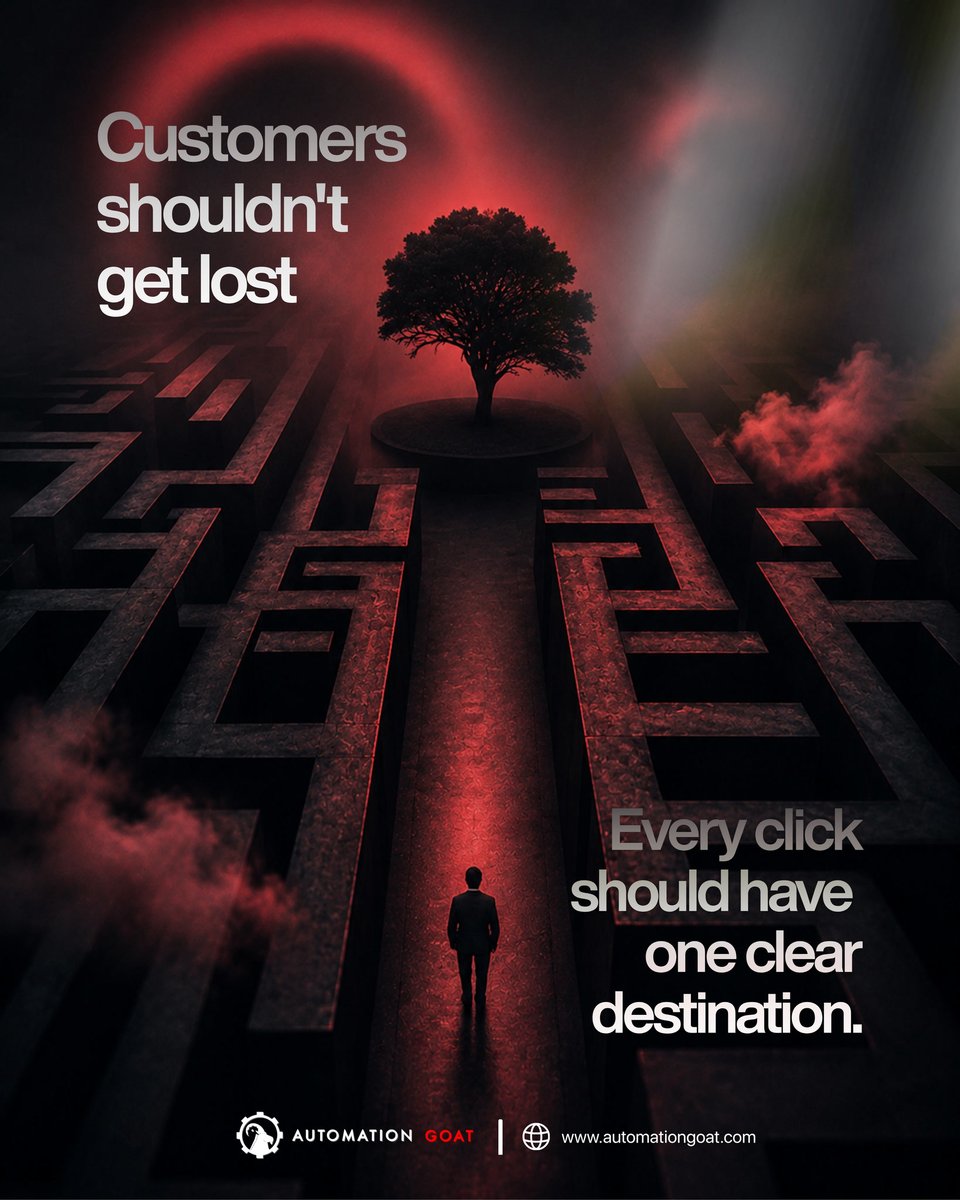 marvinwcoffman's tweet photo. Confused customers don't convert.  

Every click should lead to one clear destination, not a maze of choices.  

Simplify the journey, remove the friction, and make it easy for customers to say yes.  

#AutomationGoat #FunnelStrategy #LeadGeneration https://t.co/G0PjxgI0hp