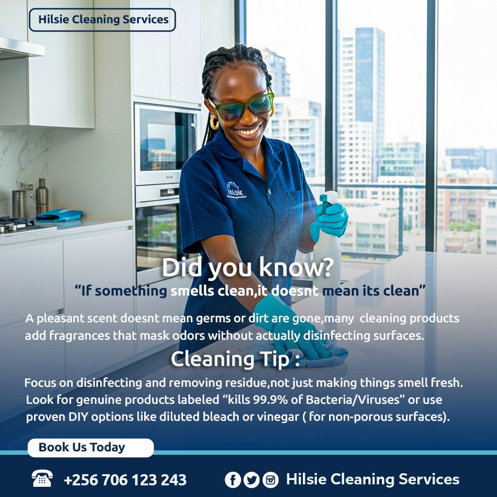 akasu5598's tweet photo. It's Saturday morning...

You could spend hours scrubbing every corner—or you could walk into a home that's genuinely clean, fresh, and ready for you to enjoy.

Remember: A pleasant scent doesn't always mean your home is clean.

This weekend, choose @HilsieCleaning for a professional cleaning that removes dirt, germs, and residue—not just odors.
Dm @HilsieCleaning or call 0706123243 to book your cleaning spot. 
@mukyalaNeighbor