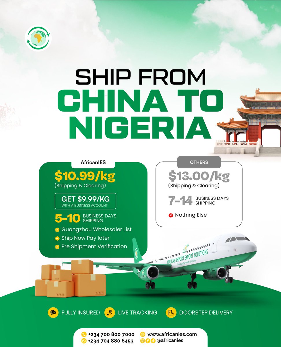 africanies1's tweet photo. Buying from China? Don't overpay for shipping.

Whether you're shopping on Alibaba, 1688, Taobao, or buying directly from suppliers, AfricanIES makes it easy to get your goods to Nigeria within 5-10 business days.

Visit https://t.co/US2FUwmqjk or send us a DM to get started. https://t.co/jpxR32WwV2