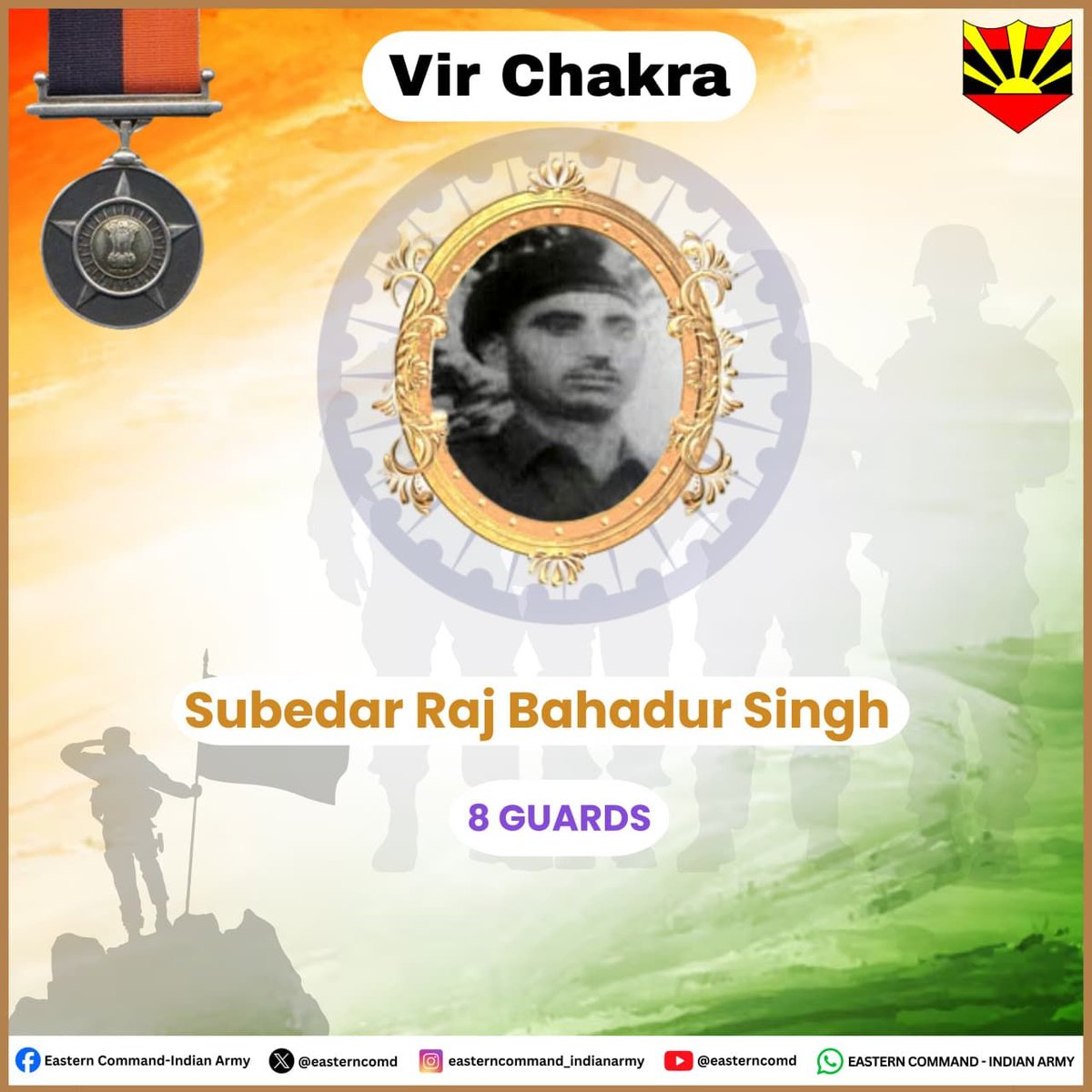 easterncomd's tweet photo. #IndianArmy
#EasternCommand
#FearlessFriday
#InTheLineofDuty
Subedar Raj Bahadur Singh of 8 GUARDS was the Second-in-Command of a company. His company was ordered to capture an enemy post in Hilli in the Eastern Sector. During the assault on 24 November 1971, Subedar Raj Bahadur Singh was wounded by a mine blast. The heavy Machine Gun fire of the enemy held up the assault of his company. Undeterred and unmindful of his personal injury, Subedar Raj Bahadur Singh crawled through the minefield and wire obstacle, lobbed a hand grenade inside the bunker and silenced the Machine Gun. However, he succumbed to his injuries. In this action, He displayed courage and determination of a high order.
Subedar Raj Bahadur Singh was awarded #VirChakra for his undaunted courage, determination, leadership and indomitable spirit. His bravery will inspire the generations to come.
8 गार्ड्स के सूबेदार राज बहादुर सिंह कंपनी के Second-in-Command थे। उनकी कंपनी को पूर्वी सेक्टर के हिली क्षेत्र में एक दुश्मन चौकी पर कब्जा करने का आदेश दिया गया था। 24 नवम्बर 1971 को किए गए हमले के दौरान सूबेदार राज बहादुर सिंह एक बारूदी सुरंग विस्फोट में घायल हो गए। दुश्मन की भारी मशीन गन फायरिंग के कारण उनकी कंपनी का आगे बढ़ना रुक गया। परंतु सूबेदार राज बहादुर सिंह ने अपनी चोटों की परवाह किए बिना, अटूट साहस दिखाते हुए बारूदी सुरंगों और कंटीले तारों को पार किया, एक हैंड ग्रेनेड बंकर के अंदर फेंका और दुश्मन की मशीनगन को ध्वस्त कर दिया। हालांकि, इस कार्रवाई में वे अत्यधिक घायल होने के कारण वीरगति को प्राप्त हो गए। इस अदम्य साहसिक कार्य में उन्होंने उच्च कोटि का साहस और दृढ़ संकल्प प्रदर्शित किया।
सूबेदार राज बहादुर सिंह को उनके अदम्य साहस, दृढ़ निश्चय, नेतृत्व क्षमता और अटूट जज़्बे के लिए #VirChakra से सम्मानित किया गया। उनका शौर्य आने वाली पीढ़ियों को सदैव प्रेरित करता रहेगा।
#RememberAndNeverForget
#LestWeForgetIndia
#GallantryAwards
#IndianWarHeroes
#VeerGatha
@adgpi
@SpokespersonMoD
@HQ_IDS_India
@indiannavy
@IAF_MCC
@official_dgar
@ProDefKolkata
@IndiaCoastGuard
@HQ_DG_NCC
Facebook - https://t.co/s6iKzElthZ
Instagram - https://t.co/fPxG385tJ4