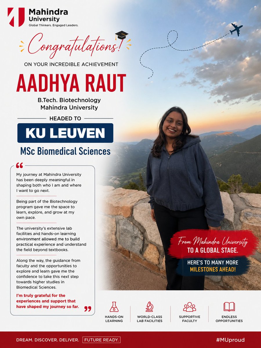 CLS4MU's tweet photo. We are proud to celebrate @aadhyaraut, a https://t.co/VZAPPp8s2n Biotechnology graduate from @MahindraUni on securing admission to the MSc Biomedical Sciences program at KU Leuven!
Congratulations! 
#MahindraUniversity #MUproud #Biotechnology #BiomedicalSciences #StudentSuccess https://t.co/WWUK7dCsP8