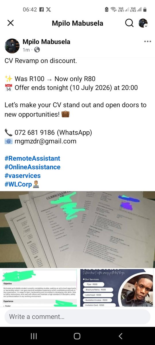 MpiloMabusela's tweet photo. Last day of CV discount.

Was R100 - Now R80 till tonight 20:00

Let’s make your CV stand out and open doors to new opportunities! 💼

📞 072 681 9186(WhatsApp)
📧 mgmzdr@gmail.com

#VA
#RemoteAssistant
#OnlineAssistance 
#vaservices 
#Maboe 
#Doue 
#Broos
#WLCorp👨🏽‍💻 https://t.co/mOhxK5xt2W