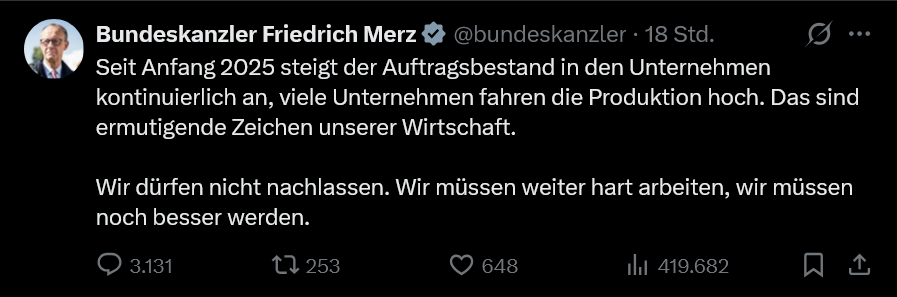 JahnTeam's tweet photo. #Merz hat gestern seine Zahlen schön geredet. Denn der Auftragsbestand steigt vor allem durch Großaufträge, vor allem in der Rüstung.

In der Automobilbranche geht der Niedergang weiter.

🦅#TEAMHEIMAT🇩🇪 https://t.co/aEnWPV3Yt5