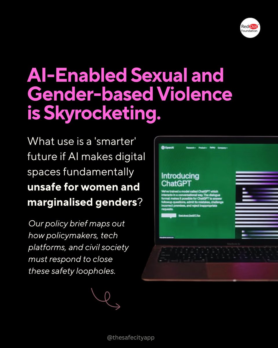TheSafecityApp's tweet photo. AI is moving fast. But safety mechanisms in India are struggling to keep up. 🚨

When we talk about the dangers of Artificial Intelligence, we often think of data privacy or job loss. But there is a darker, deeply human side to this technological shift: AI-enabled Sexual and Gender-Based Violence (SGBV).

From deepfakes used for extortion to automated targeted harassment, AI is giving perpetrators dangerous new tools to inflict harm at scale.

Our new policy brief breaks down how AI-enabled harm is manifesting in India and the first steps we can take to fix it.

We can’t build a digital future that leaves half the population unsafe.

📖 Read the full policy brief here: https://t.co/a5EsWZ2lDz

#AI #DigitalSafety #SGBV #DigitalIndia #PolicyBrief  #GenderJustice #OnlineSafety