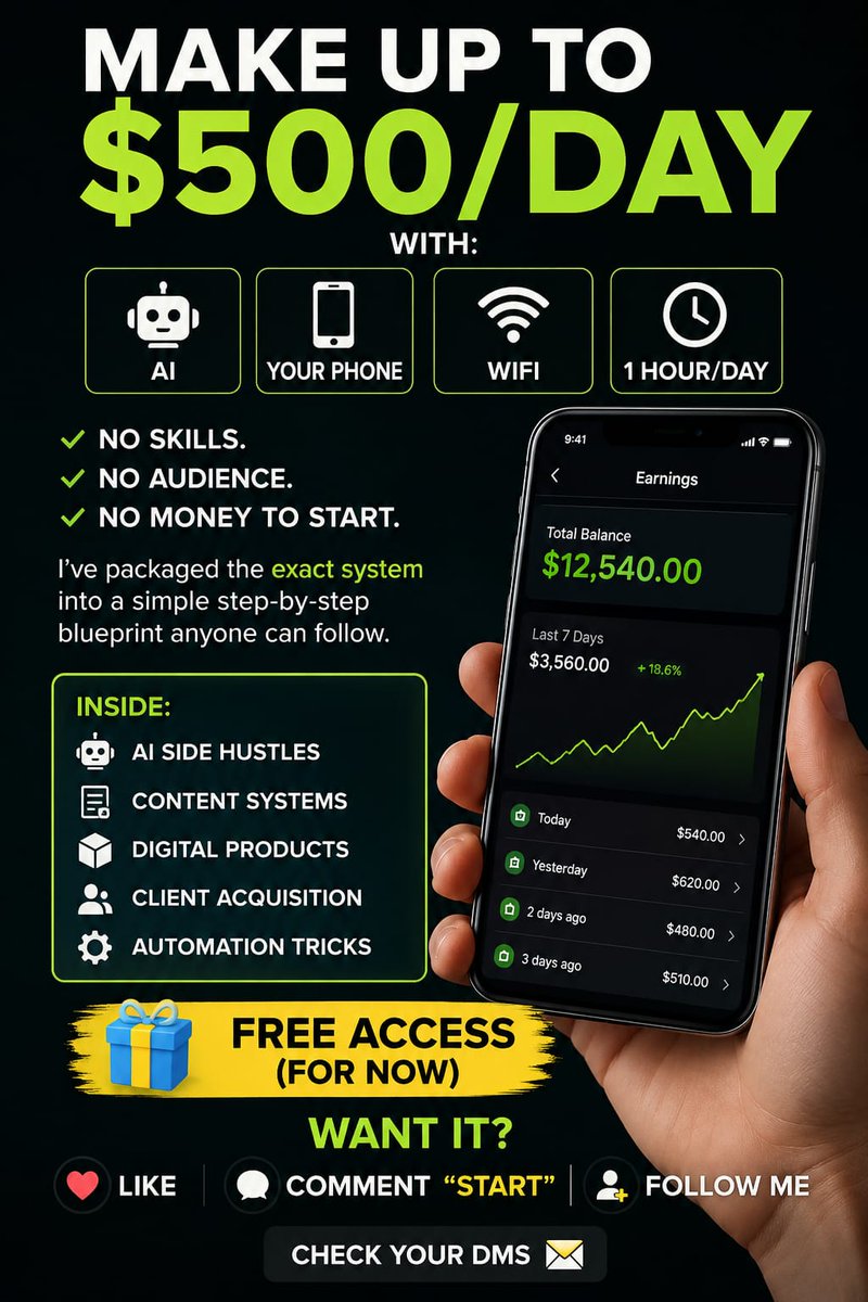Shoukat783's tweet photo. Make up to $500/day with:

AI

Your phone

WiFi

1 hour/day

No skills.

No audience.

No money to start.

I've packaged the exact system into a simple step-by-step blueprint anyone can follow.

Tools

Scr

Inside:

→ Al side hustles

Screen

Quick note

→ Content systems

→ Digital products

→ Client acquisition

→ Automation tricks

Screen Recorder

tran

Free access (for now)

Apps

Want it?

→ Like

*

→ Comment "START"hance

Bitget

→ Follow me

Check your DMs