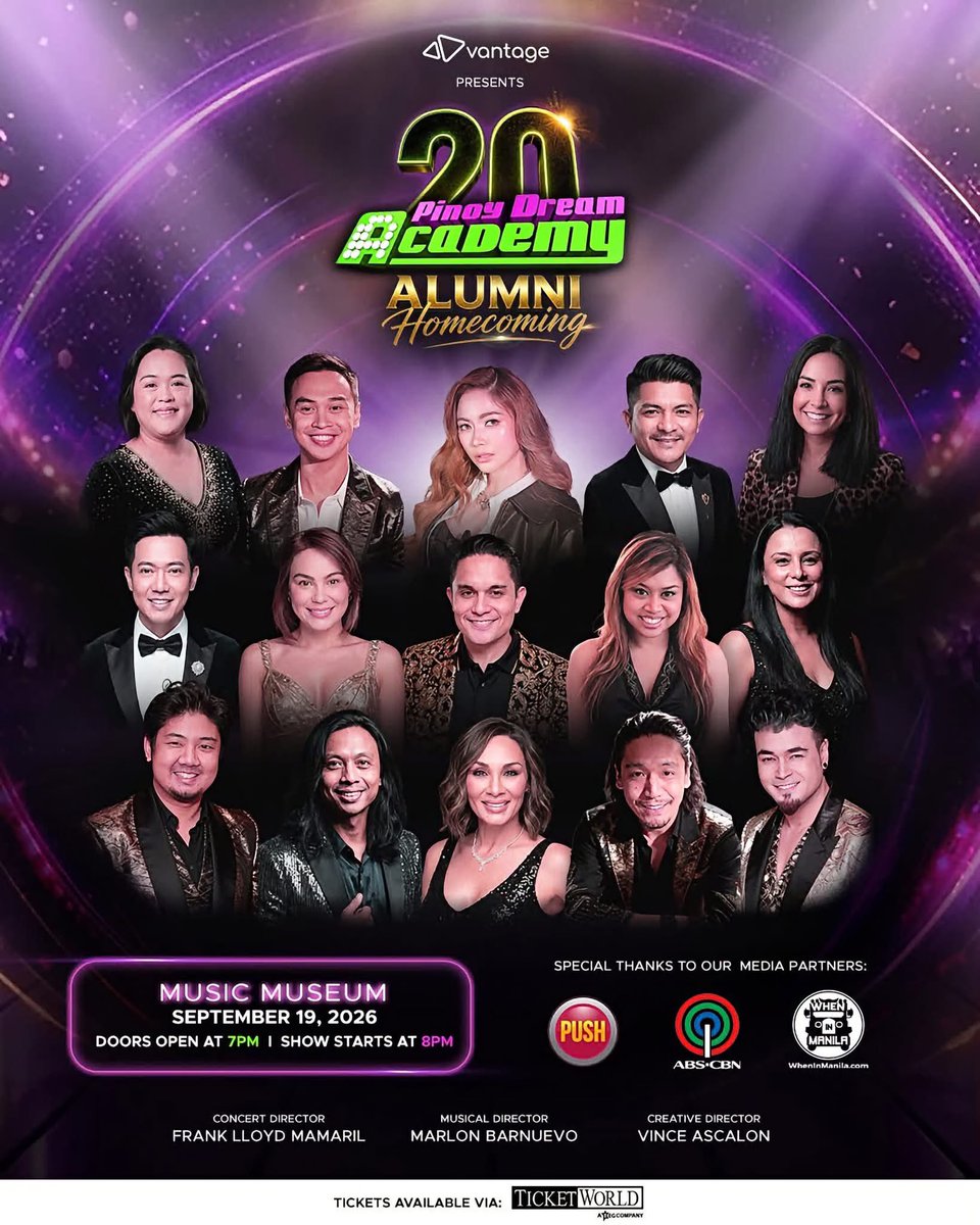 YengPLUGGEDin's tweet photo. Sa lahat ng naging fans ng Pinoy Dream Academy,  
tara mag-reminisce tayo! 💫  
Samahan niyo kami sa muling pagsasama ng mga co-scholars ko!  
This is going to be so much fun! See you!

Pinoy Dream Academy 20: The Alumni Homecoming
September 19, 2026
The Music Museum
8:00 PM 

🎟️ Tickets are available now via TicketWorld.
https://t.co/2Gg1iiw4zU

#pda20alumnihomecoming #PinoyDreamAcademy #pinoydreamacademyseason1 #YengConstantino #Yengsters #churvers