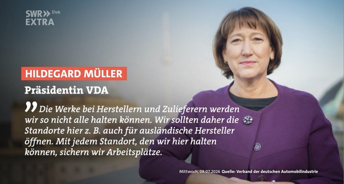thorstenbenner's tweet photo. @VDA_online-Chefin Hildegard Müller will Übernahme 🇩🇪Werke durch 🇨🇳Autohersteller, auch wenn sie das nicht so direkt ausspricht. Und gleichzeitig im Statement richtige Aussagen zu schlechten Wettbewerbsbedingungen in 🇩🇪, aber komplettes Schweigen zu unfairem Wettbewerb mit 🇨🇳. https://t.co/nBA0kJQk1e