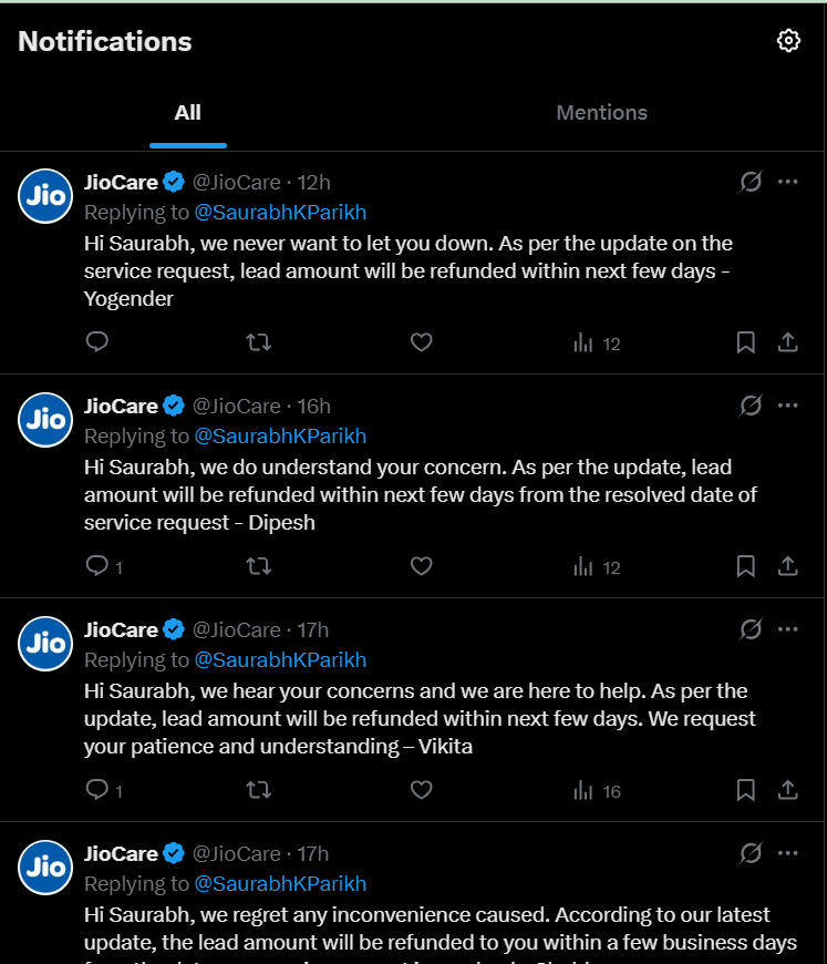 SaurabhKParikh's tweet photo. @JioCare Another executive.
Another template.
Another "next few days."

Still no exact refund date.
Still no explanation for why Jio's official 7 business day commitment was missed.

How many more template replies should I expect before someone actually reviews my complaint? @JioCare https://t.co/22ElRTL7tE
