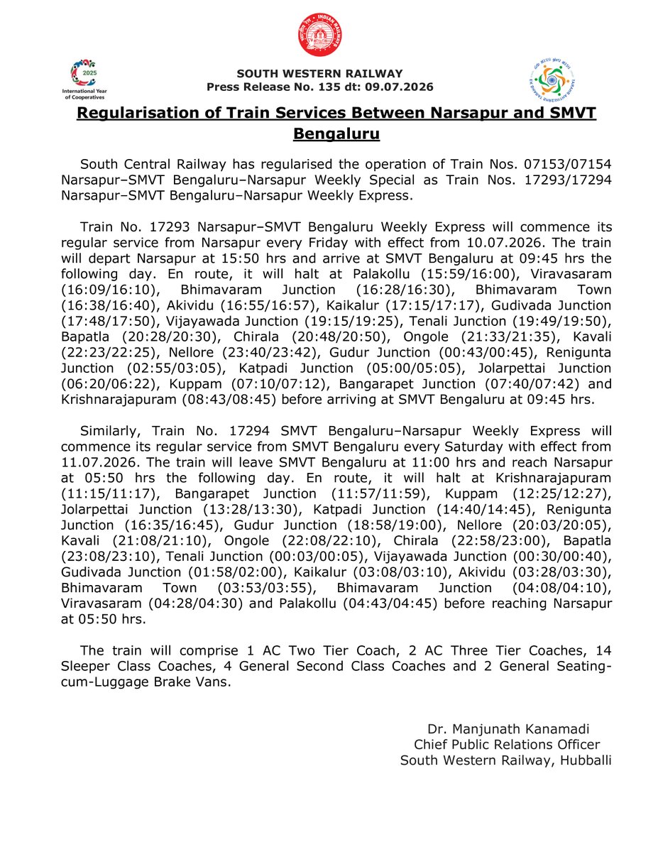 SWRRLY's tweet photo. Kindly note:
South Central Railway has regularised the operation of train services between Narsapur and SMVT Bengaluru.
#SWRupdates https://t.co/gmDJX6KsEl