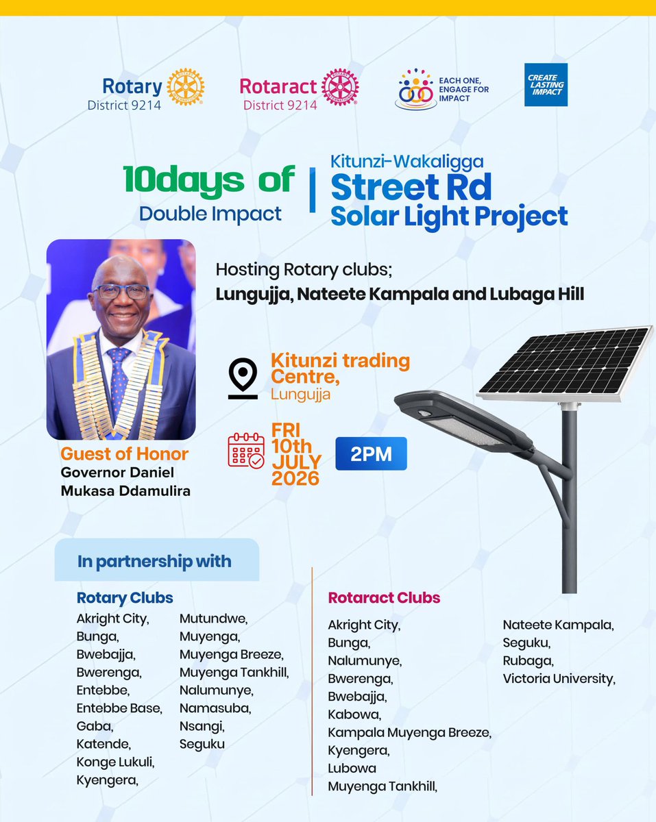 MuyengaBreeze's tweet photo. Today, Rotary is turning service into action.
Together in partnership with different Rotary Clubs &Rotaract partners across District 9214, we are leaving a lasting legacy by lighting communities, enhancing safety, & demonstrating impact of collective service.
#KilaMtuAwajibike https://t.co/Ow9irYyb8n