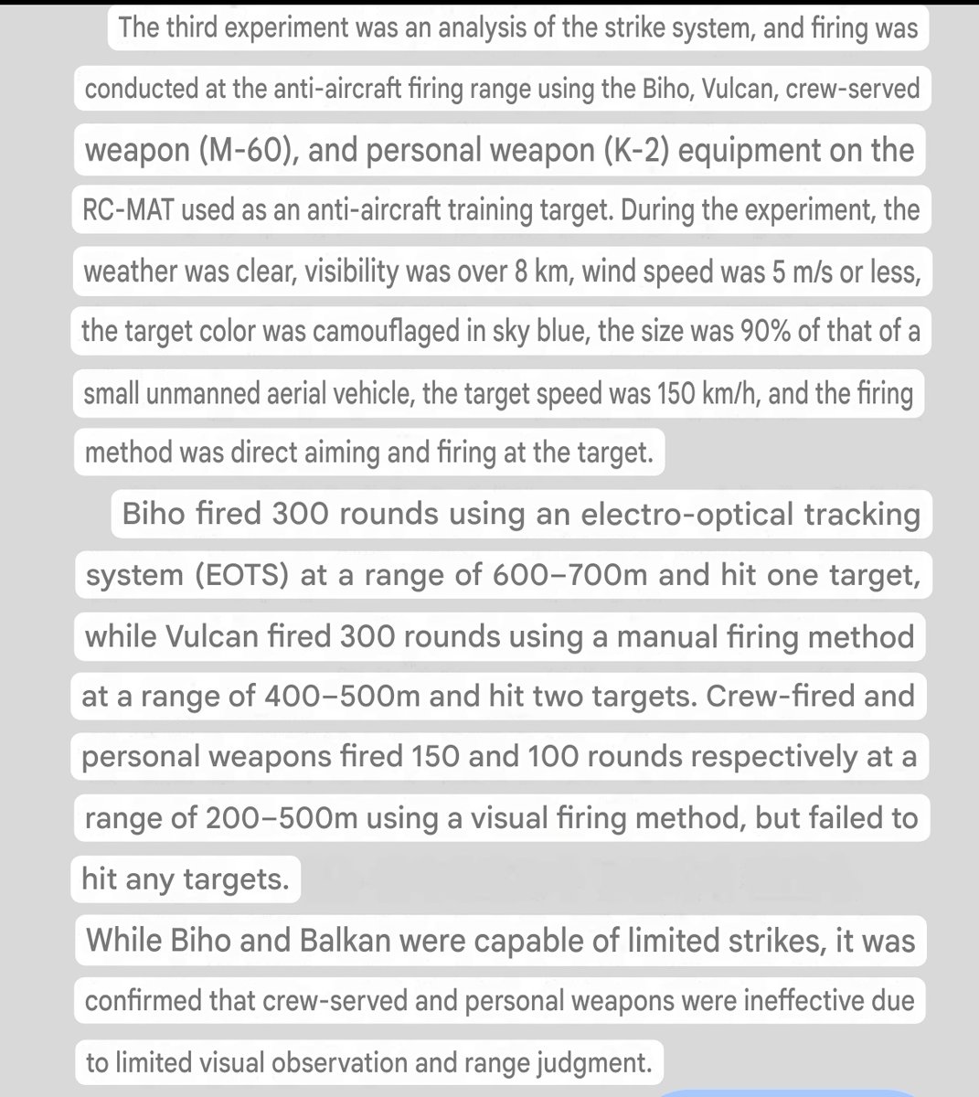 wartrophy_414's tweet photo. So I come across this,K-30 Biho specifically sucks at the job of dealing with drones (even the size of lancet),study conducted by their own chungnam national university reveals, they needed to fire 300 rounds (30mm) to shoot down 1 target drone flying at 150kmph at range-600-700m https://t.co/AZ8JiTKhhj