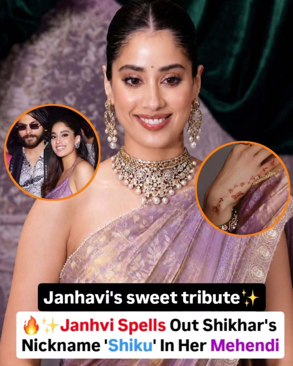 Filmy_Galaxy's tweet photo. Janhvi Kapoor's mehendi had fans talking after they spotted "Shiku"—rumored boyfriend Shikhar Pahariya's nickname—hidden in the design. A sweet detail that's gone viral! 

#JanhviKapoor #ShikharPahariya #Shiku #Mehendi #Bollywood #Trending #Viral #FilmyGalaxy https://t.co/MPasuYko4I