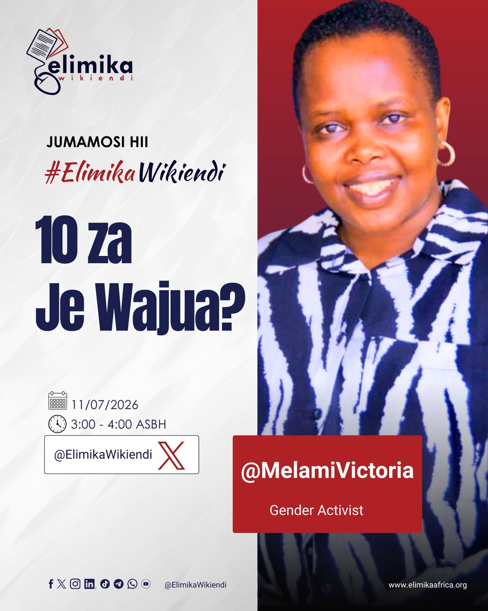 ElimikaWikiendi's tweet photo. Mambo 10 muhimu ya kutokomeza Ukatili wa kijinsia yataletwa na @MelamiVictoria ndani ya jukwaa la #ElimikaWikiendi 

Usikose kufuatilia! https://t.co/1MzAZTB54v